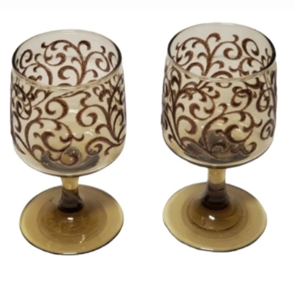 Vintage Prado Brown Libbey Glass Co Brown Raised Swirl Tawny Smoked Set‎ of 6